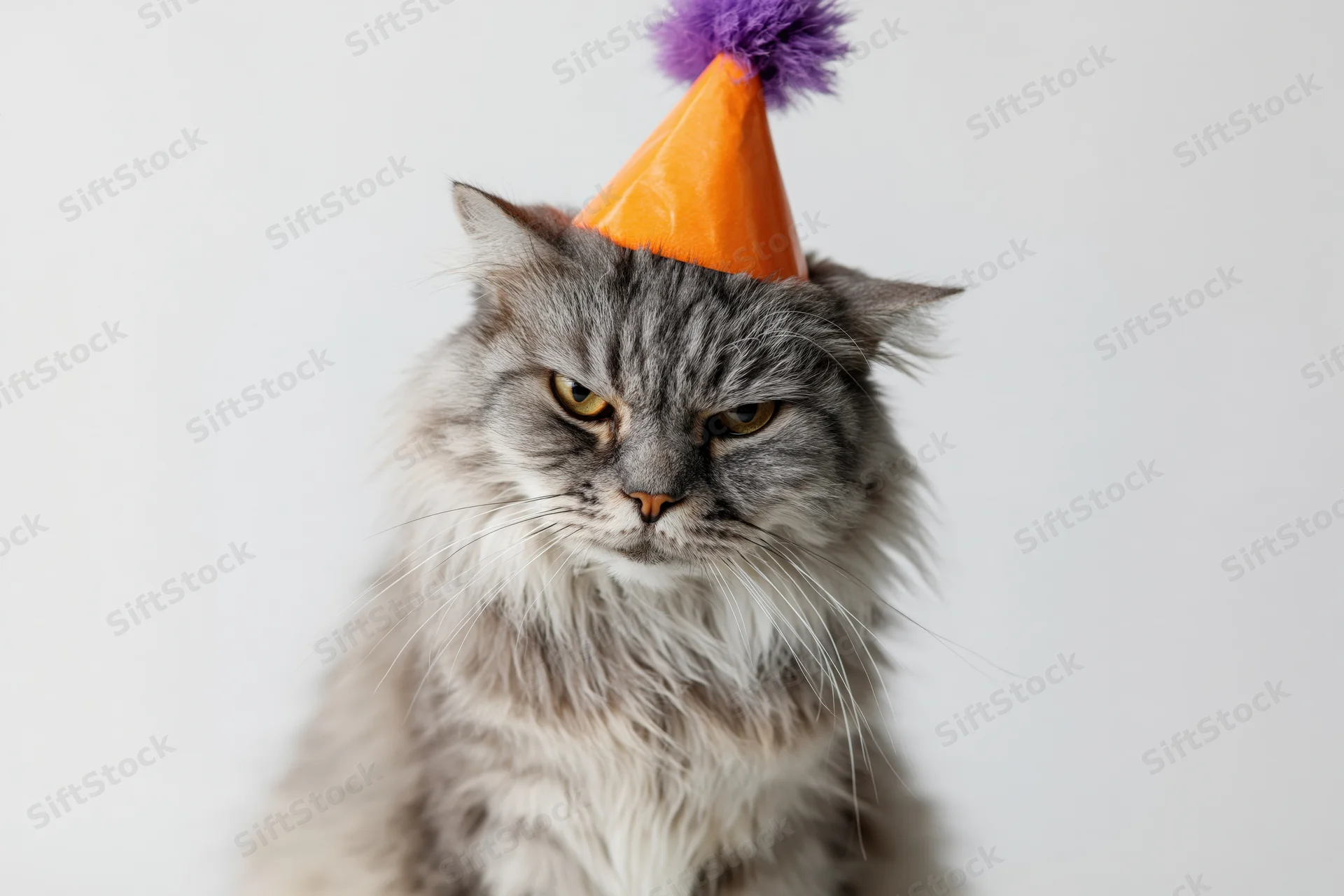 Grey tabby cat wearing orange party hat with purple pom-pom, sitting upright against white background