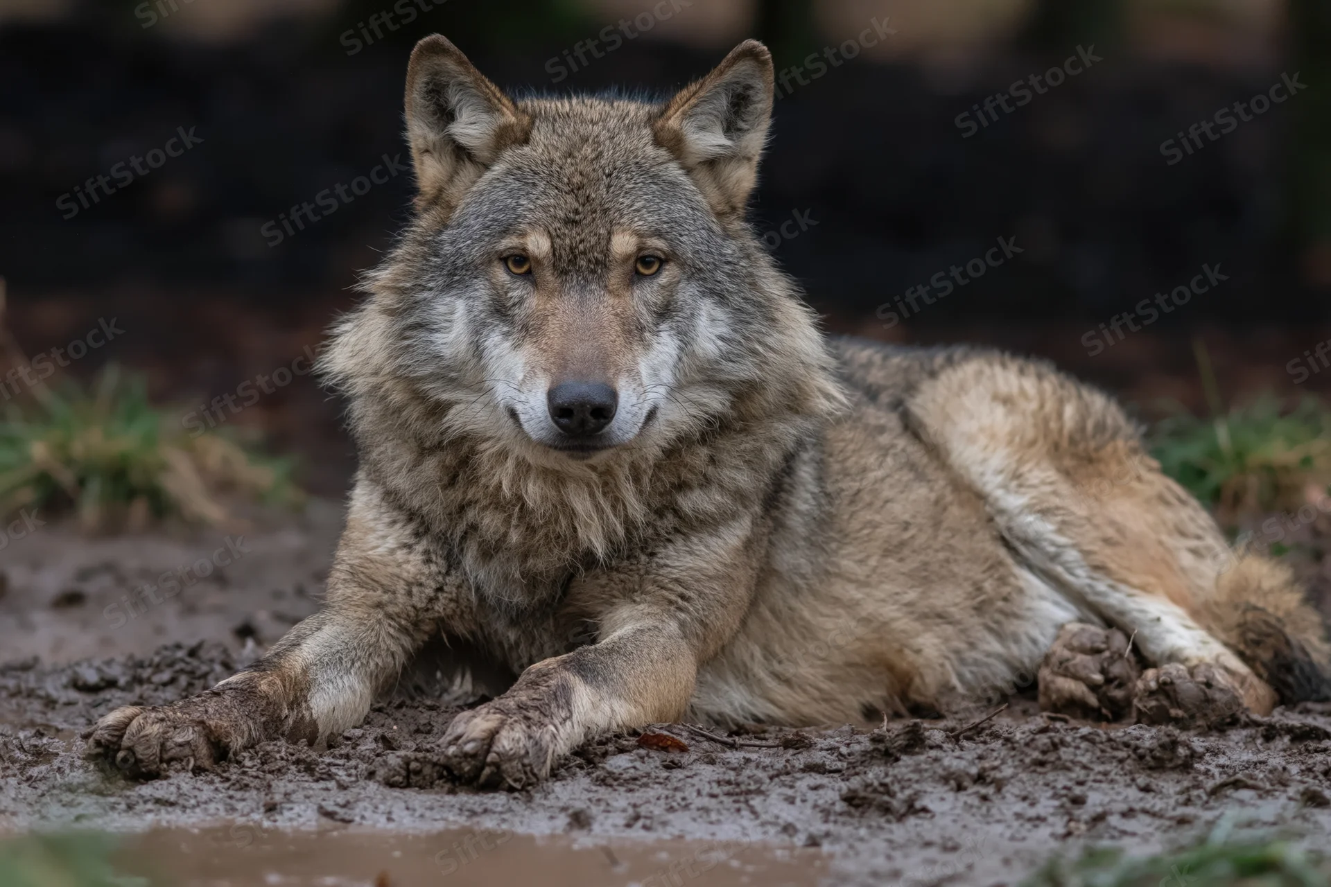 Grey wolf lying on muddy ground facing forward with alert gaze