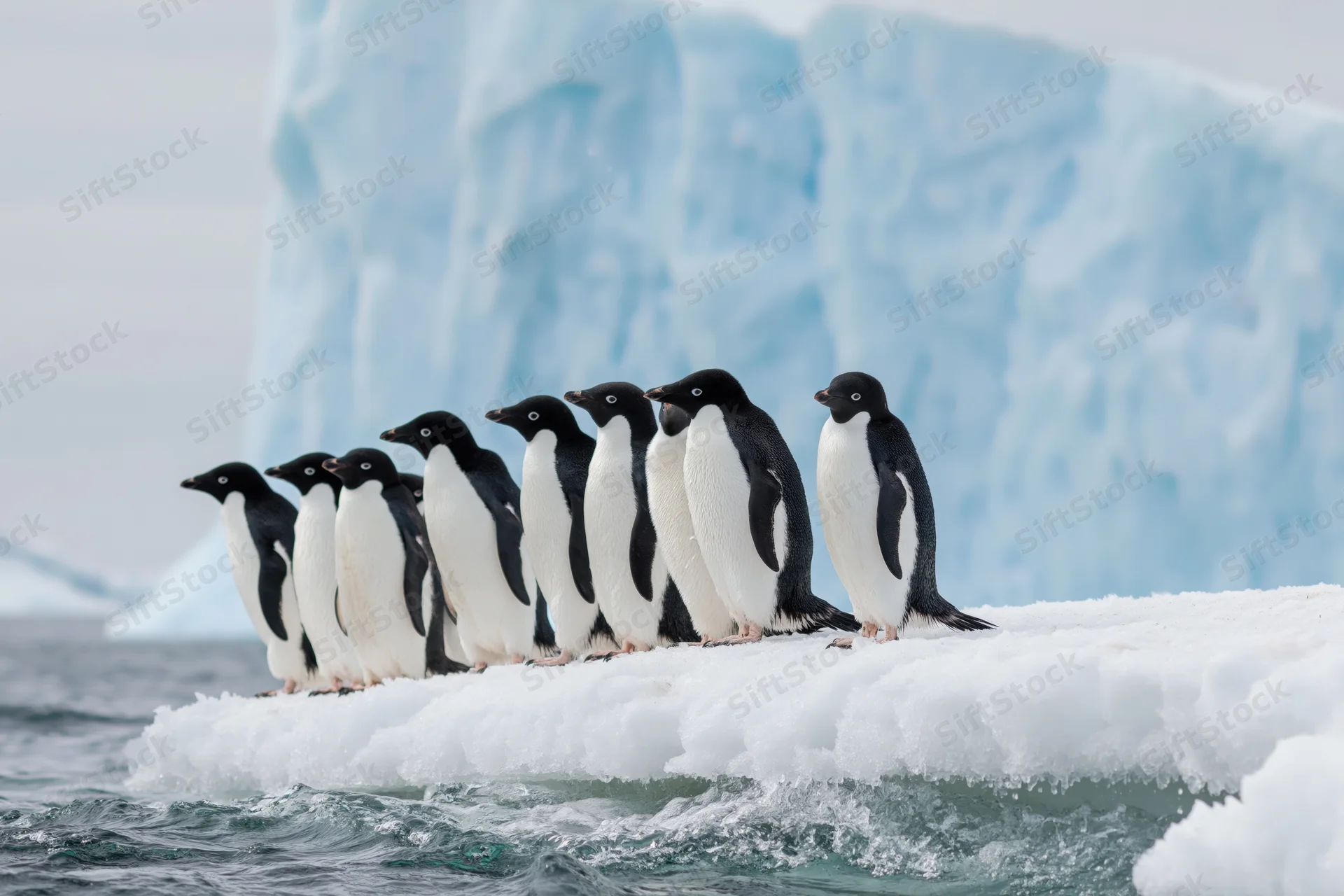 Group of adelie penguins standing together on an ice floe in antarctic waters