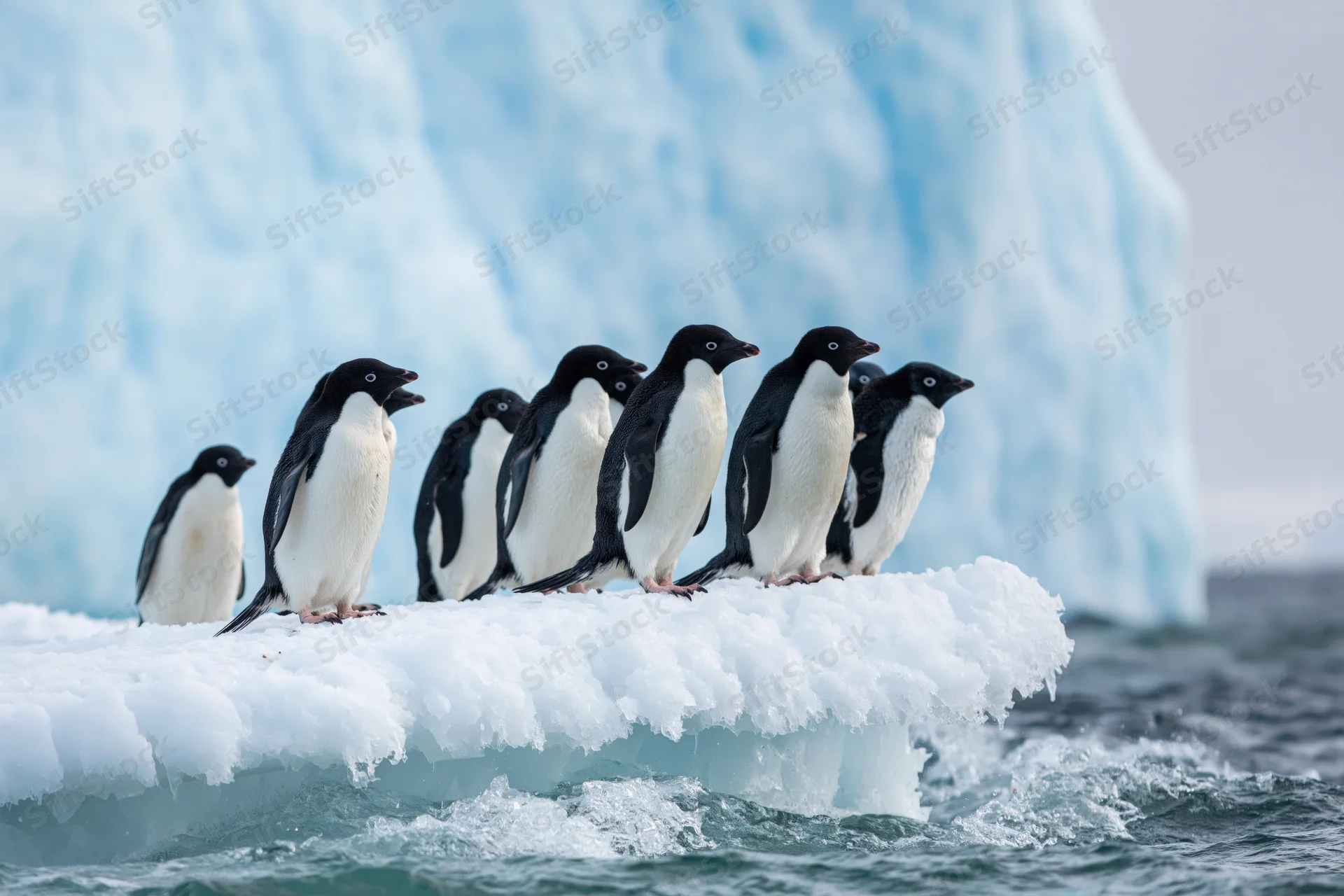 Group of adelie penguins standing together on an ice floe in front of a blue iceberg