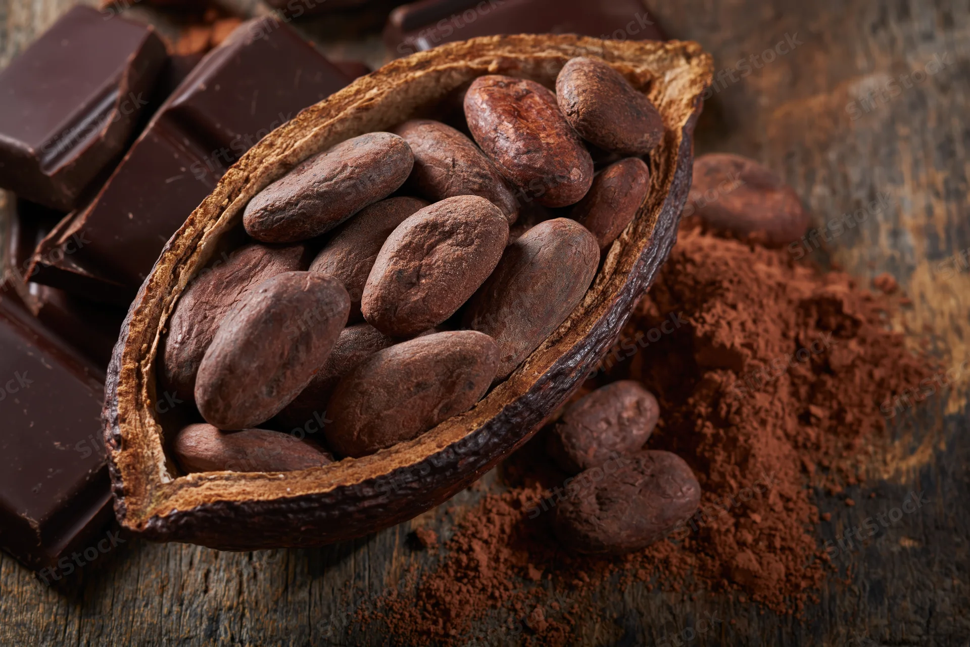 Halved cacao pod filled with raw cocoa beans resting on wooden surface with chocolate bars and cocoa powder nearby