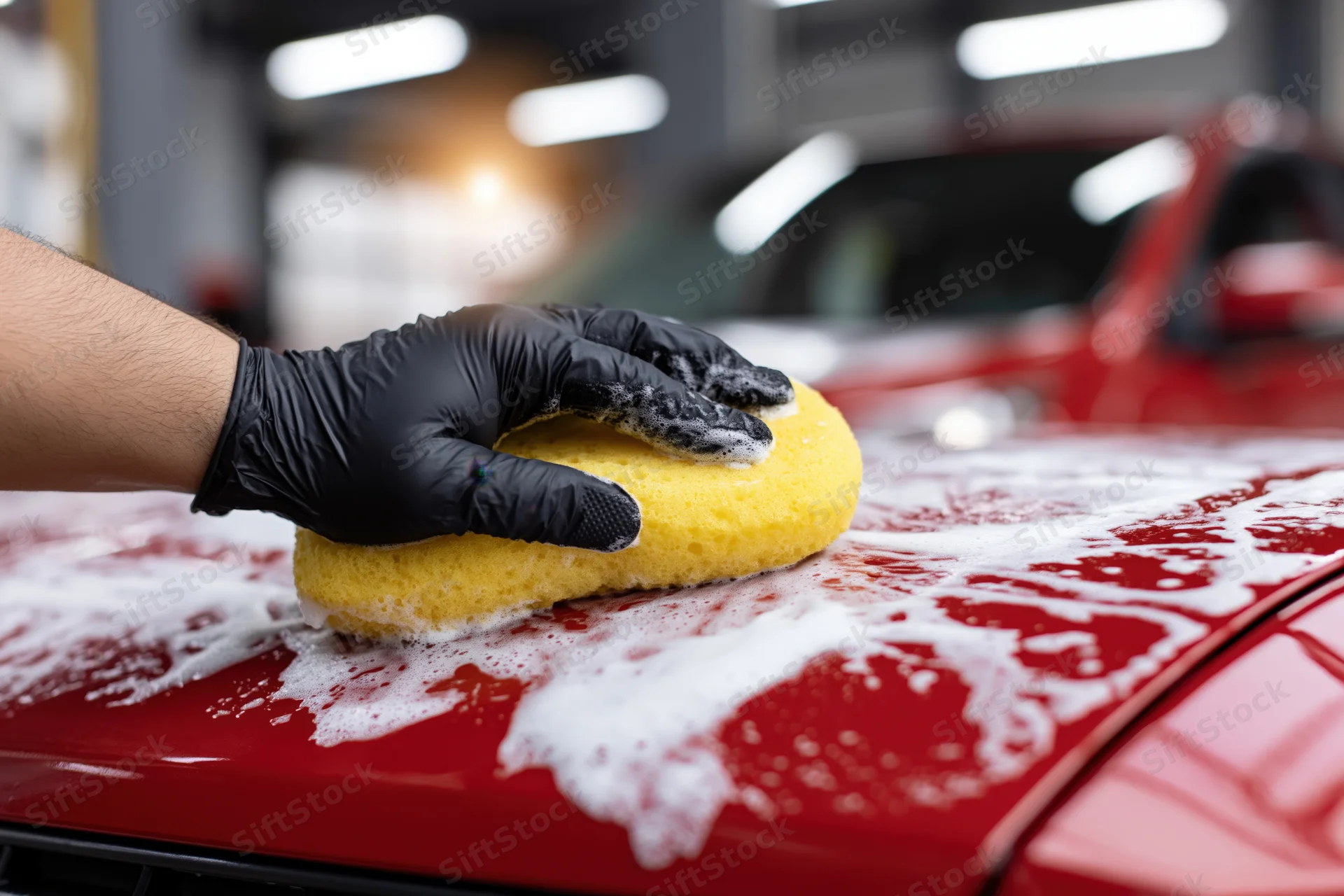 Hand in black glove scrubbing red car hood with yellow sponge in garage