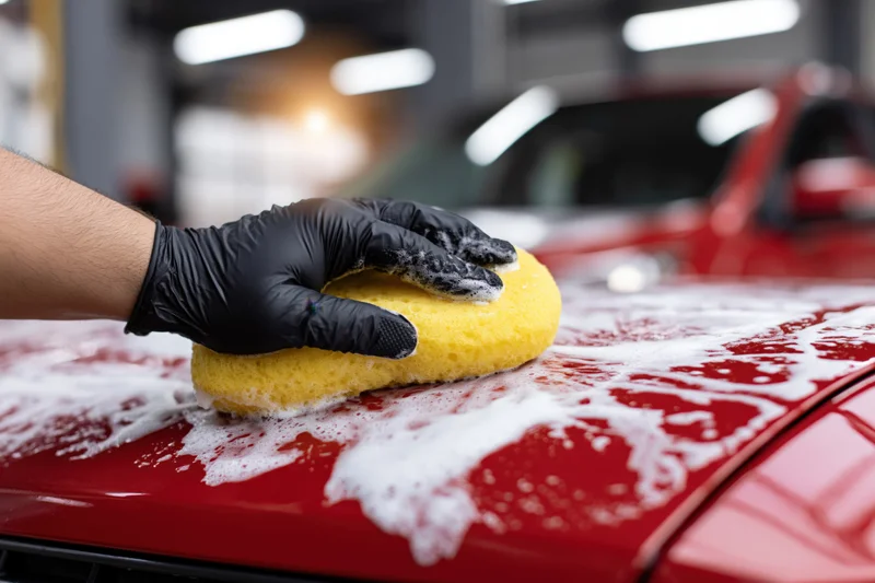 Hand in black glove scrubbing red car hood with yellow sponge in garage