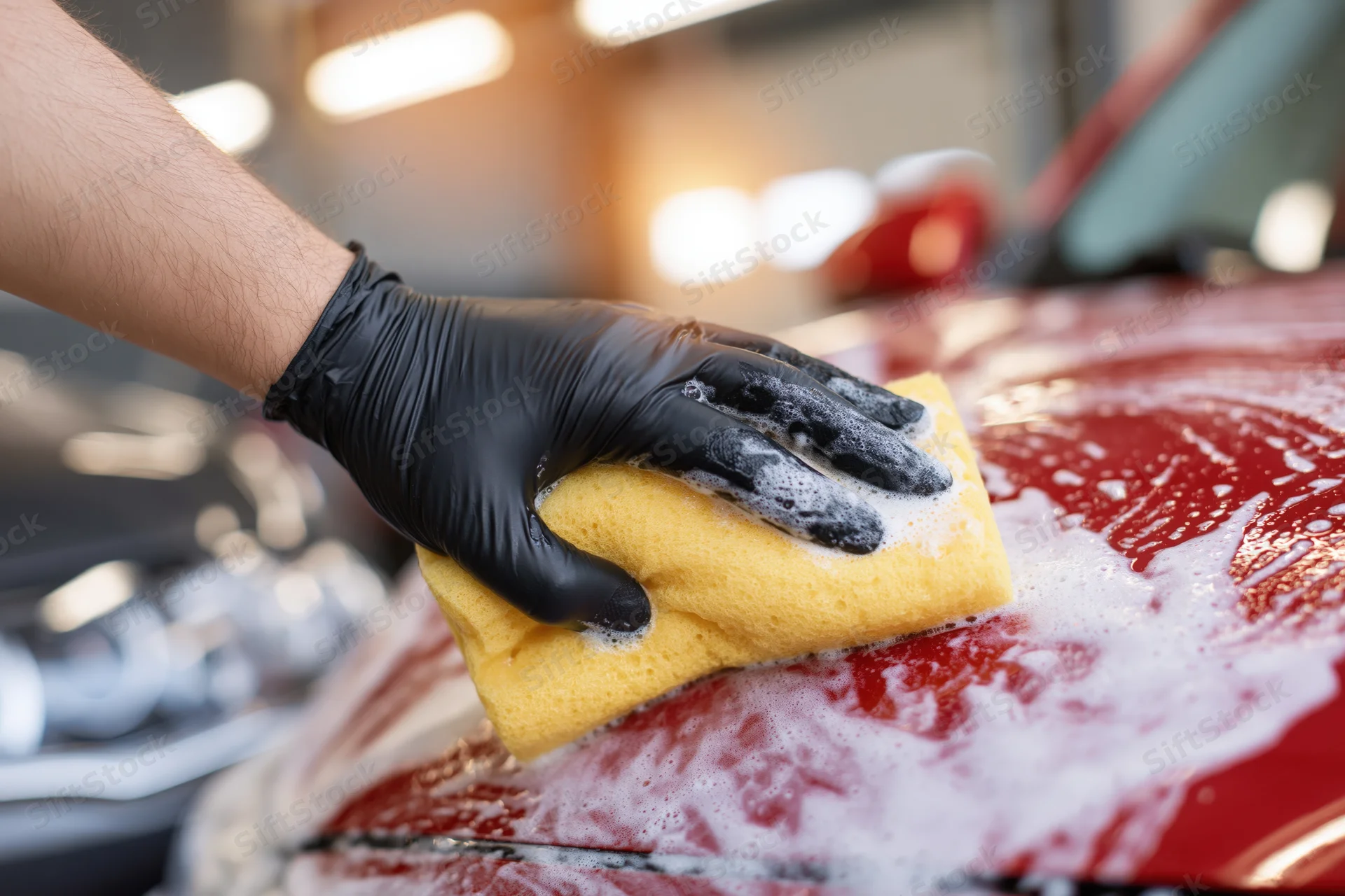 Hand in black glove scrubbing red car hood with yellow sponge and soap foam