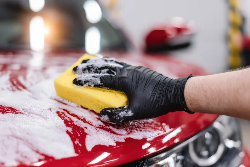 Hand in black glove scrubbing red car hood with yellow sponge and foam