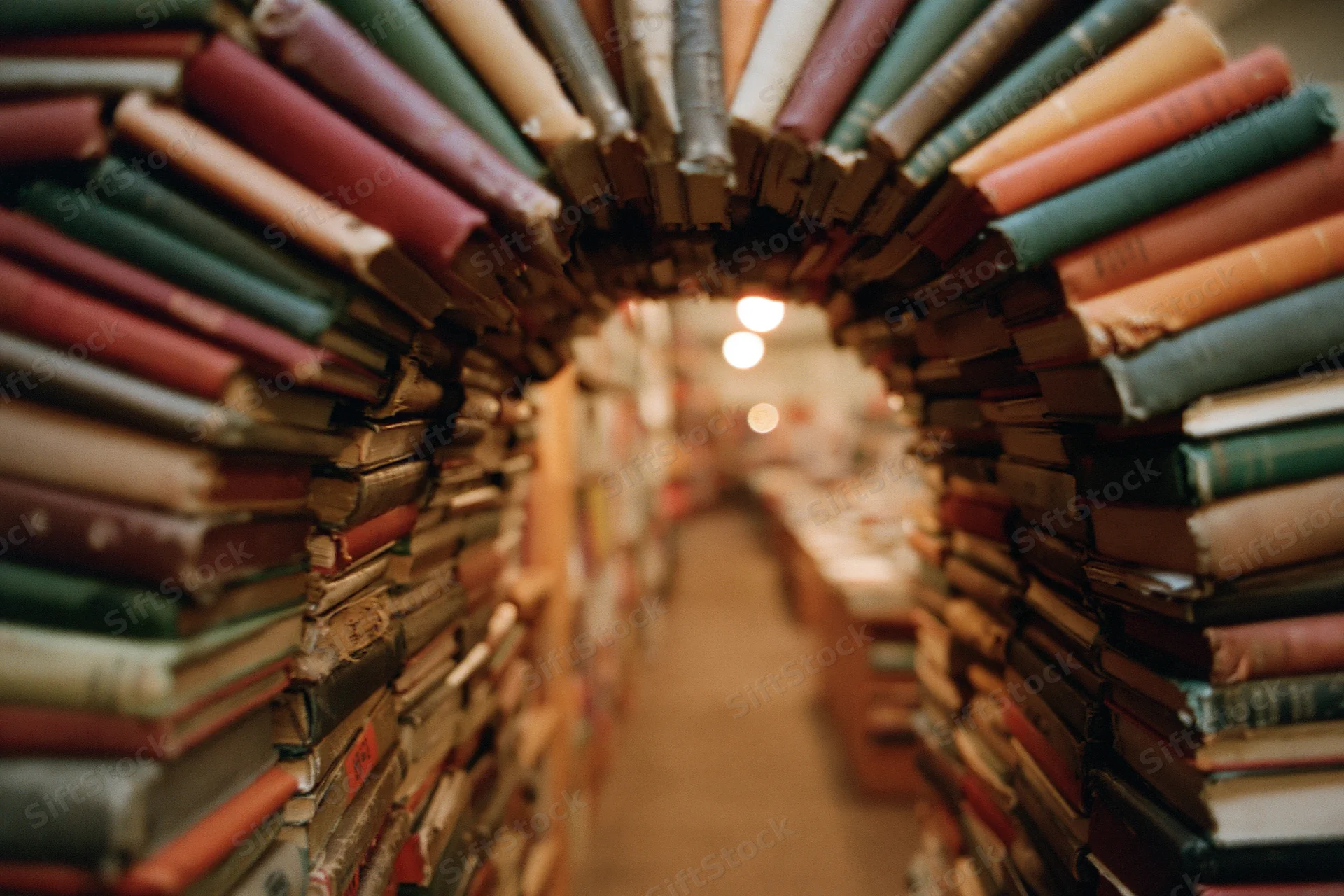 Stacks of vintage books forming an archway tunnel in a cozy bookstore interior
