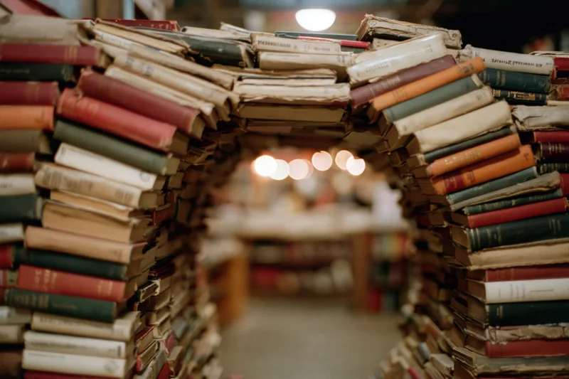 Arch made of stacked vintage books framing a blurred bookstore interior with warm lights in the background