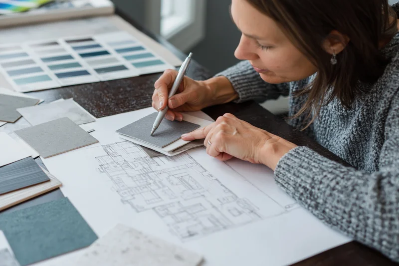 Interior designer sketching a floor plan on blueprint paper at a dark wooden desk with material samples and color swatches around her