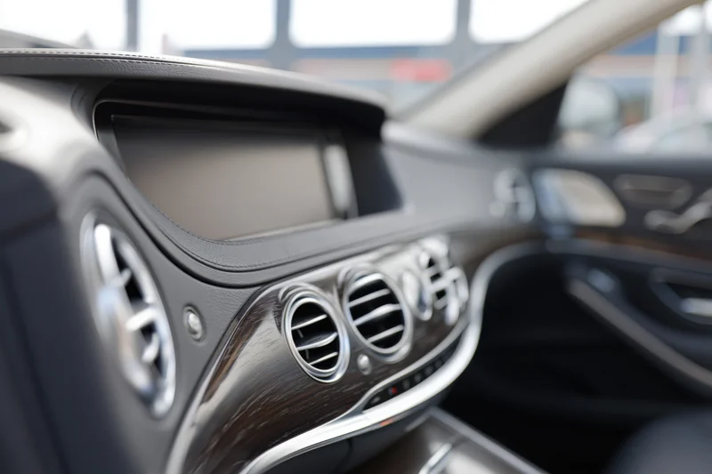 Luxury sedan dashboard with wood trim and chrome vents viewed from center console angle