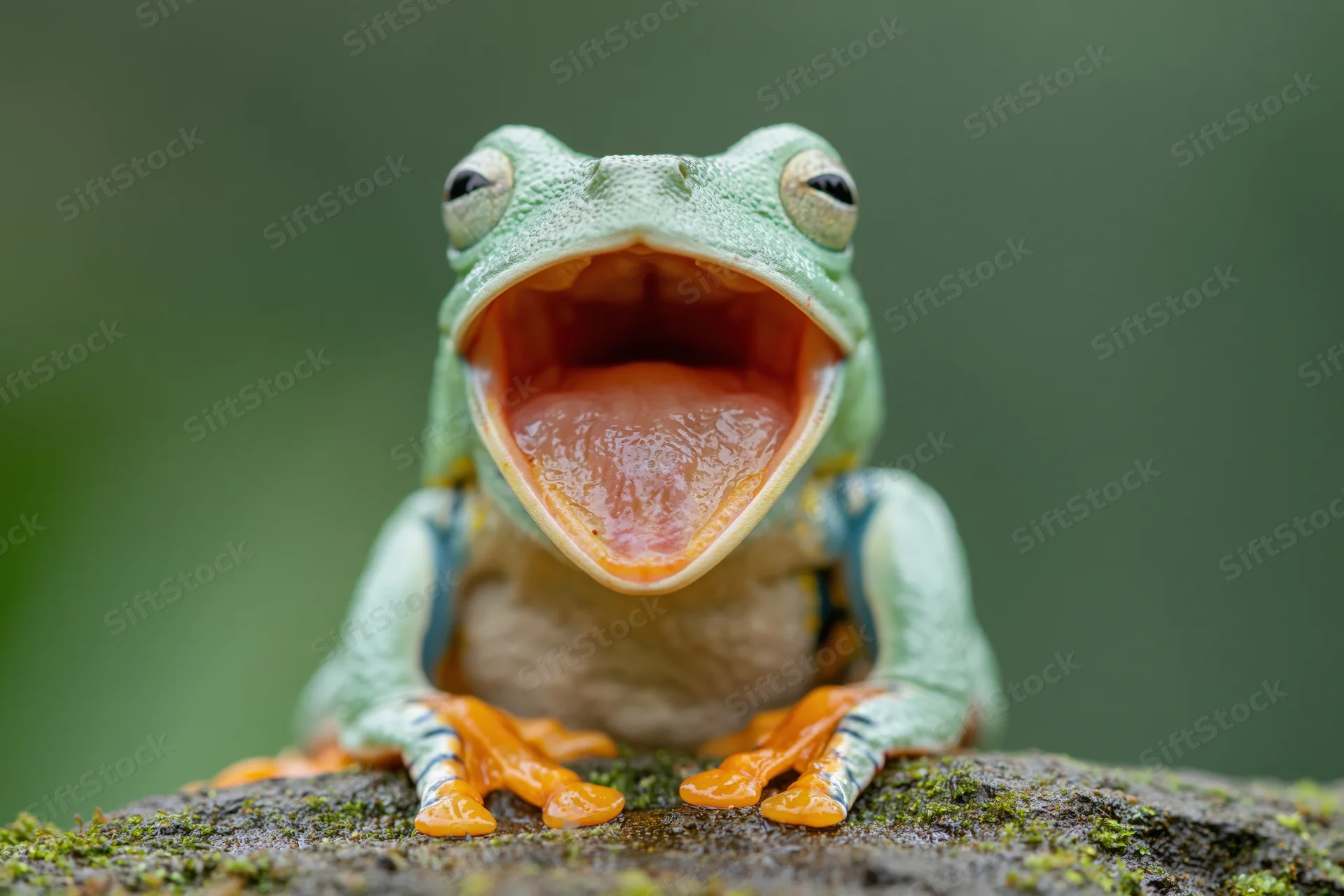 Javan tree frog with open mouth perched on mossy rock