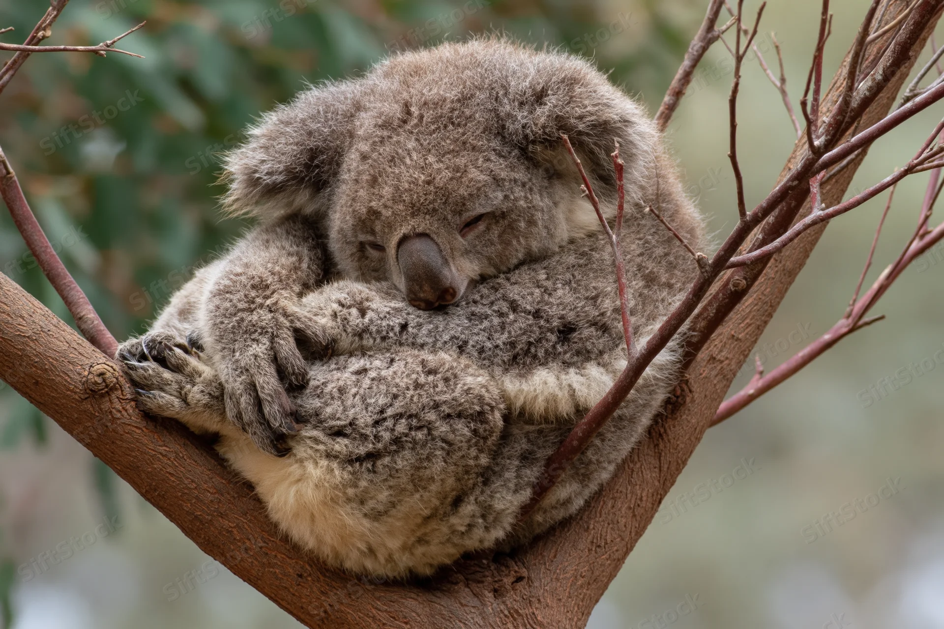 Koala sleeping curled in the fork of a eucalyptus tree branch