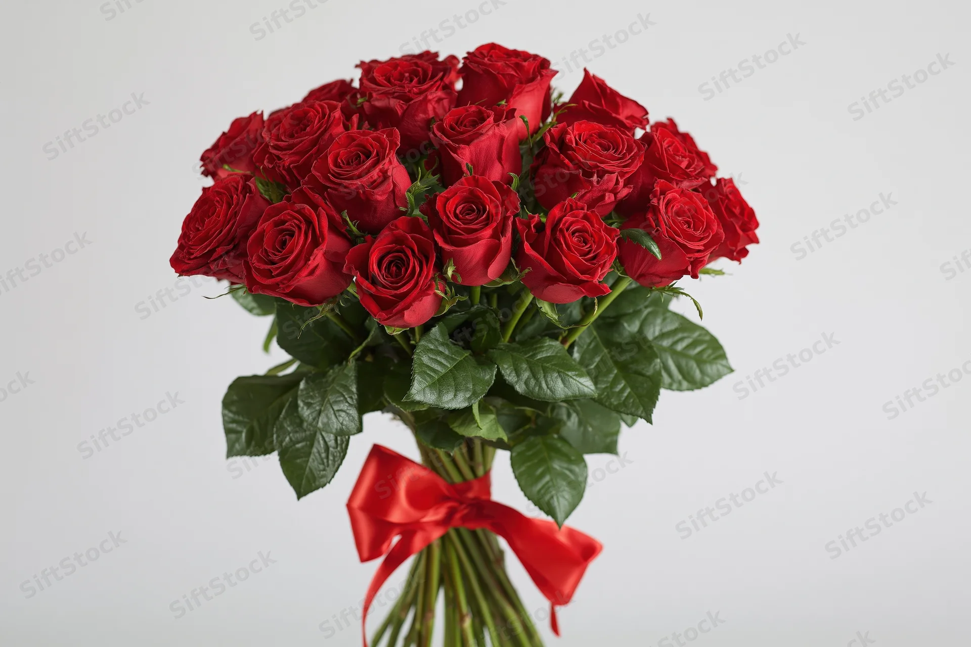 Large bouquet of deep red roses with green foliage and red ribbon tied around stems against white background