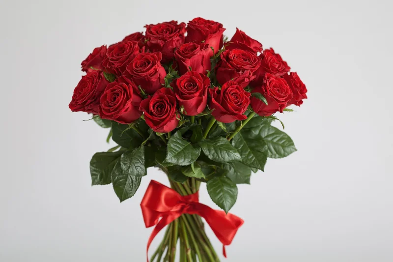 Large bouquet of deep red roses with green foliage and red ribbon tied around stems against white background