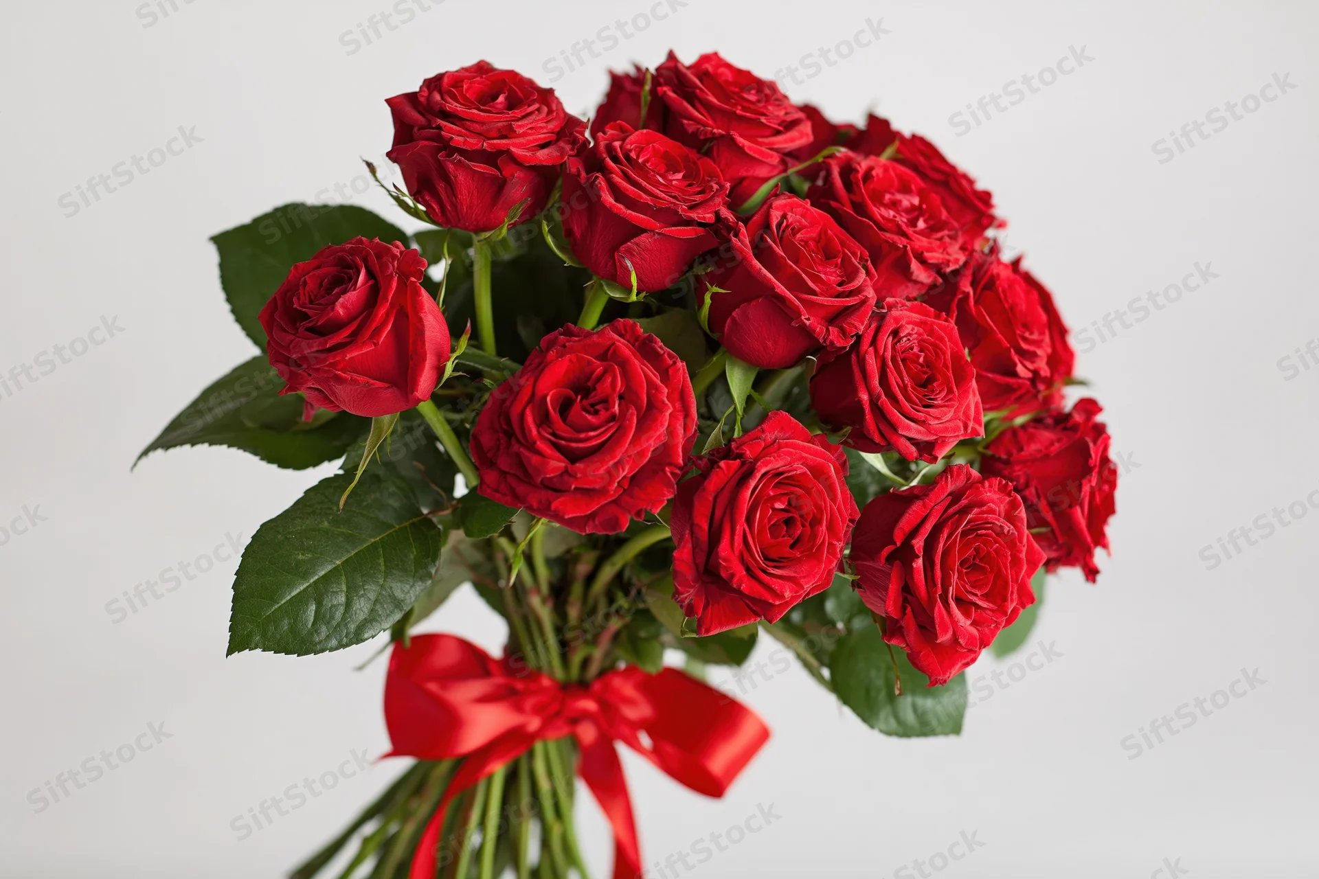 Large bouquet of deep red roses with green foliage and red ribbon tied around stems against white background