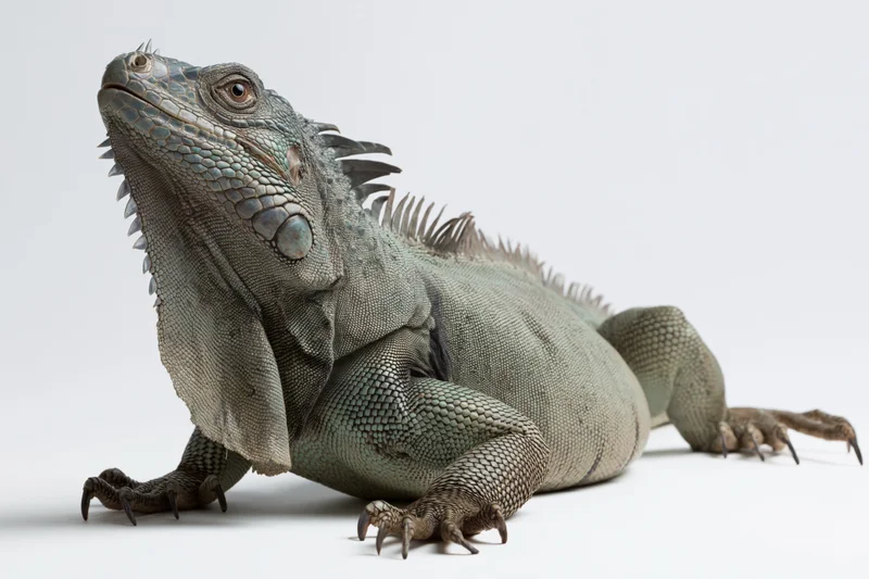 Large iguana resting alert on plain white studio surface