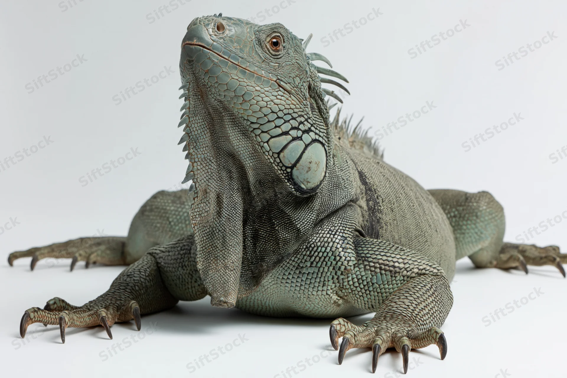 Large iguana resting alert on plain white studio surface