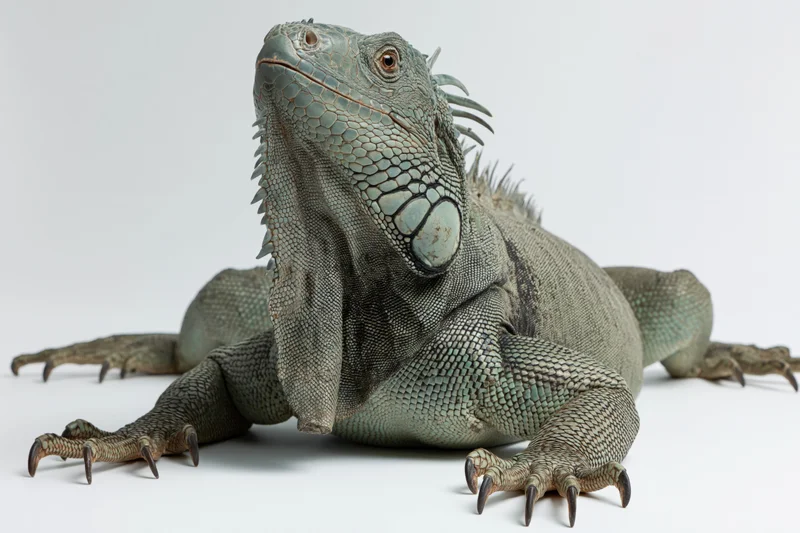 Large iguana resting alert on plain white studio surface