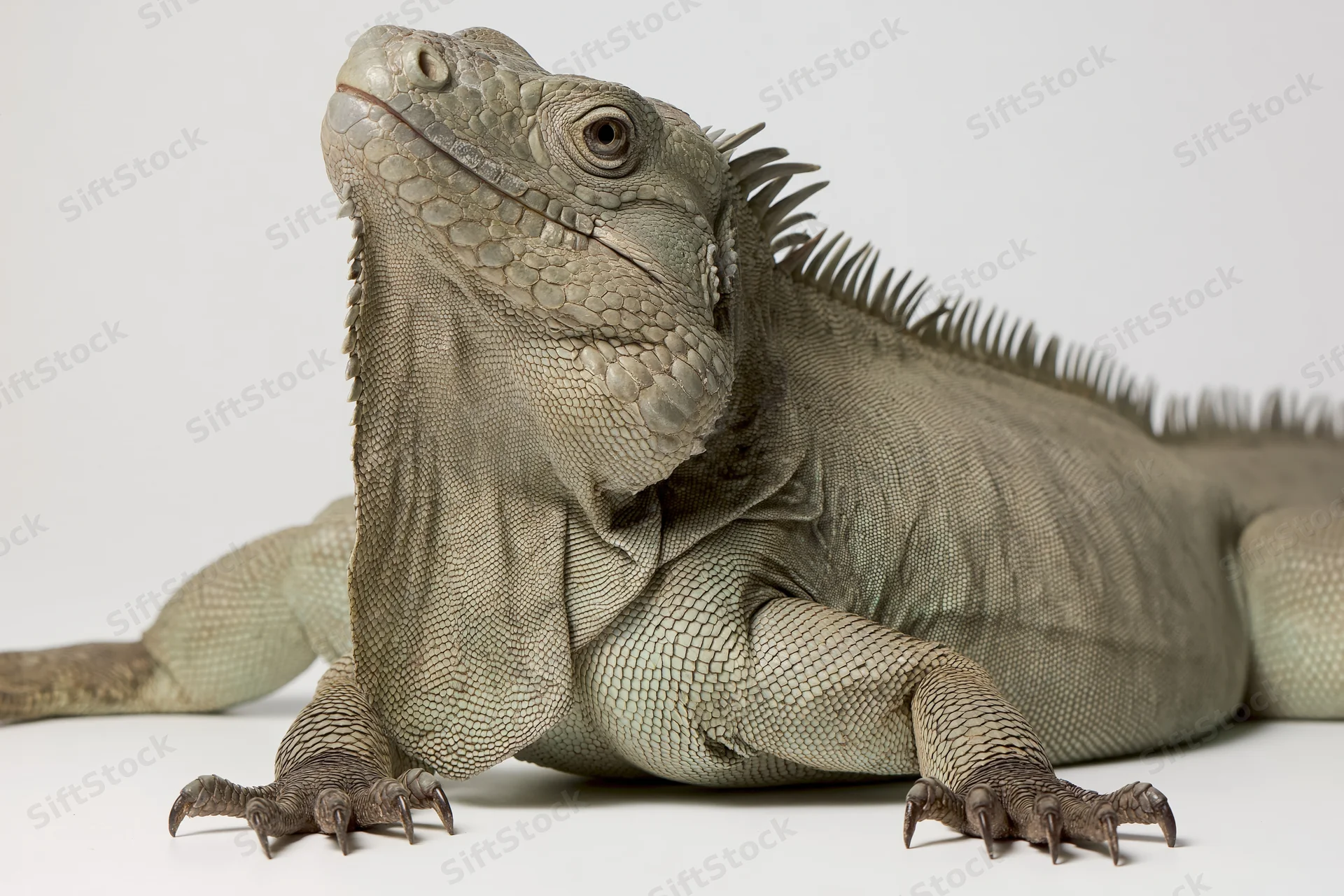 Large iguana resting alert on plain white studio surface