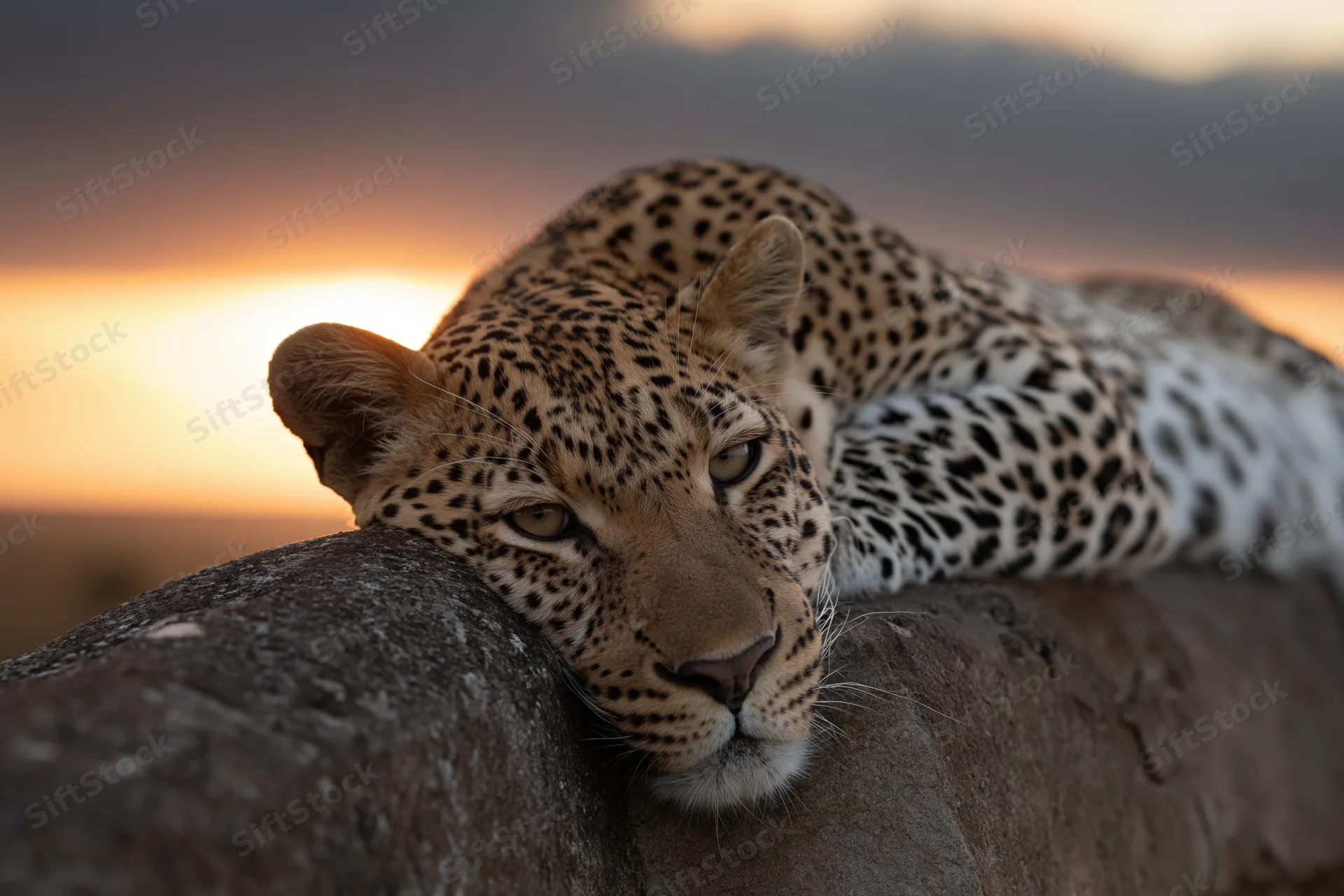 Leopard resting on a large weathered stone at sunset