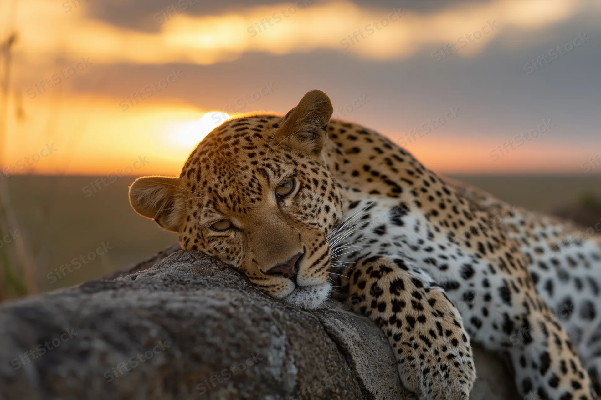 Leopard resting on a rock at sunset in the savanna