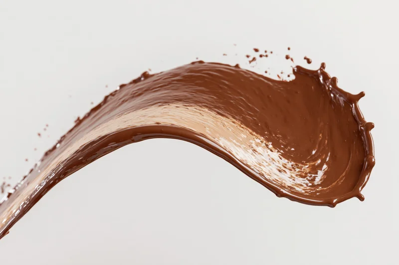 Liquid chocolate frozen mid-splash forming an arcing wave against white background
