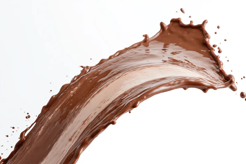 Liquid chocolate splashing in mid-air forming an arcing wave against white background