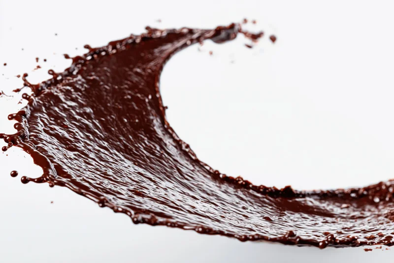 Dark chocolate liquid splashing in dynamic arc frozen in motion against white background