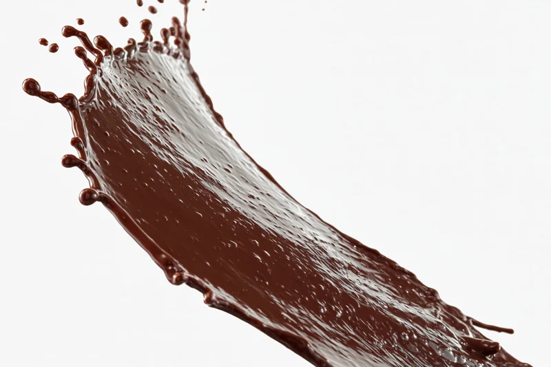Dark chocolate liquid splashing in dynamic arc frozen in motion against white background