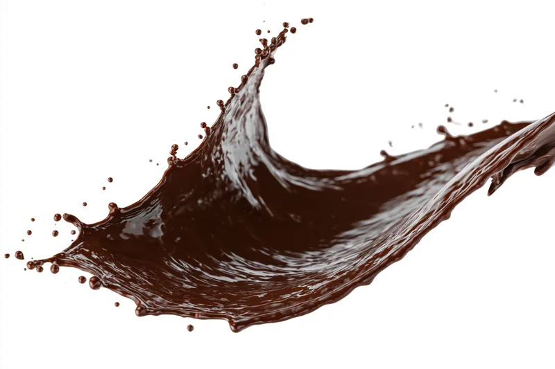 Dark chocolate liquid splashing in dynamic arc frozen midair against white background