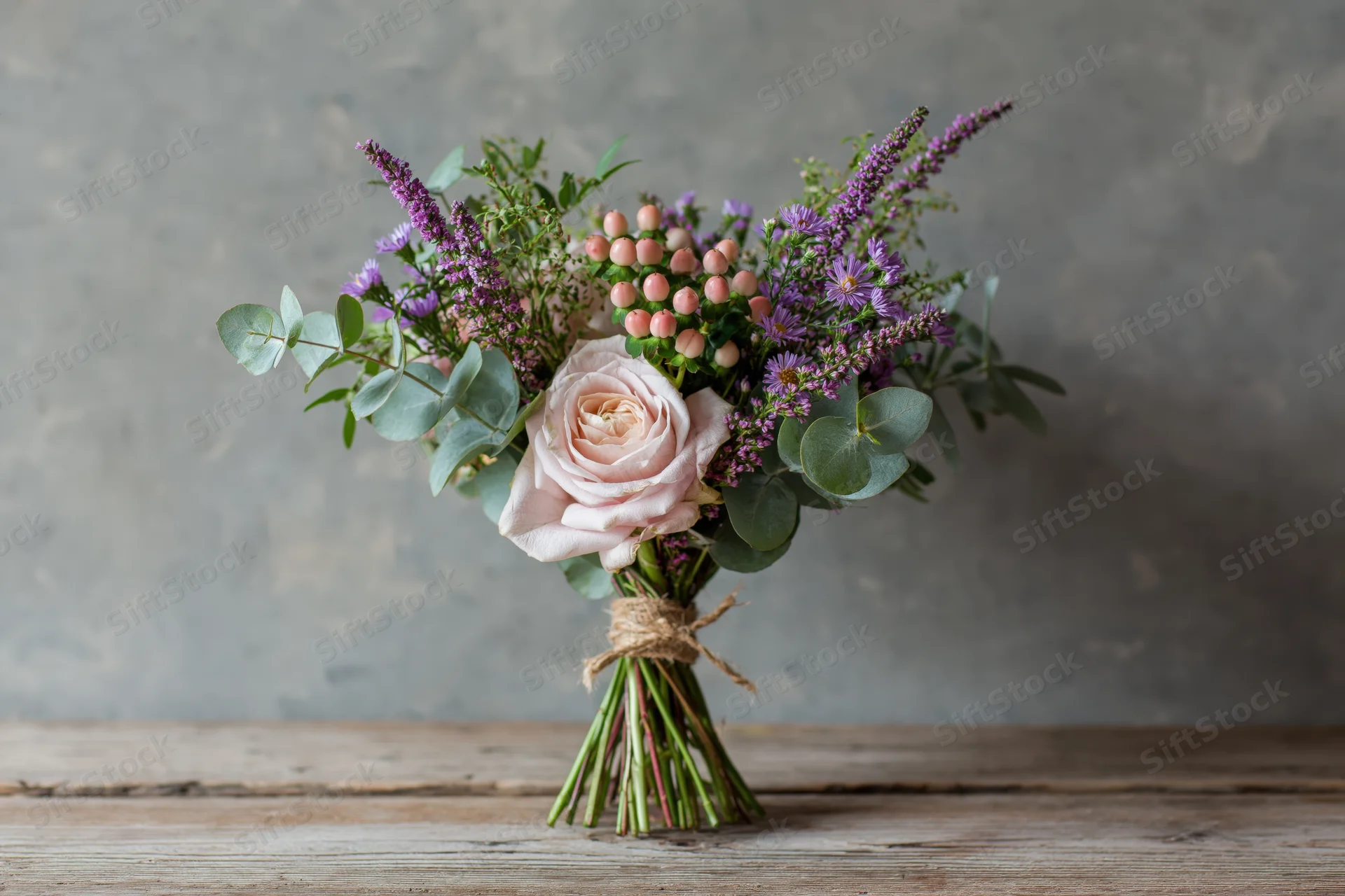 Loose wildflower bouquet with pink rose and greenery tied with twine on weathered wood surface