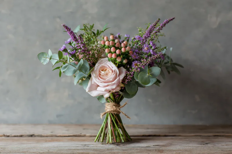 Loose wildflower bouquet with pink rose and greenery tied with twine on weathered wood surface