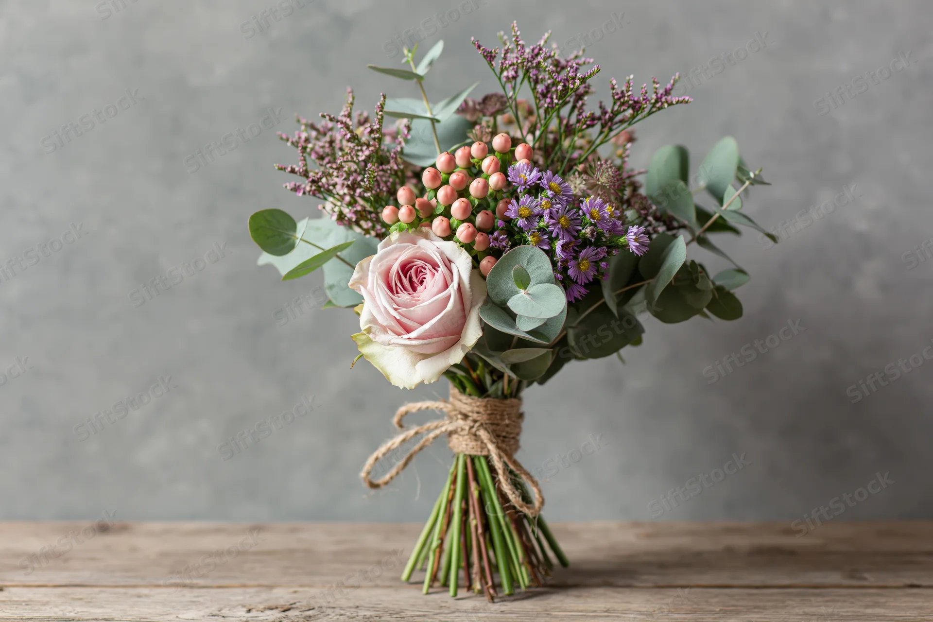 Floral bouquet with pink rose and wildflowers tied with twine on wooden surface