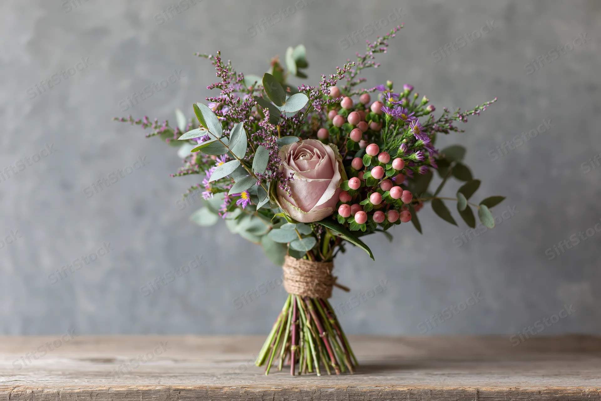Wildflower bouquet with rose and eucalyptus tied with twine on weathered wood surface