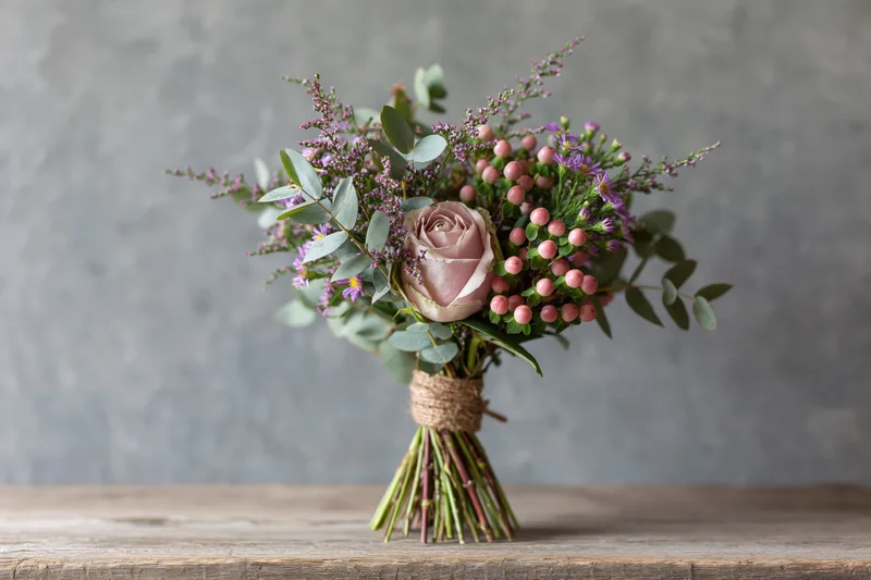 Wildflower bouquet with rose and eucalyptus tied with twine on weathered wood surface