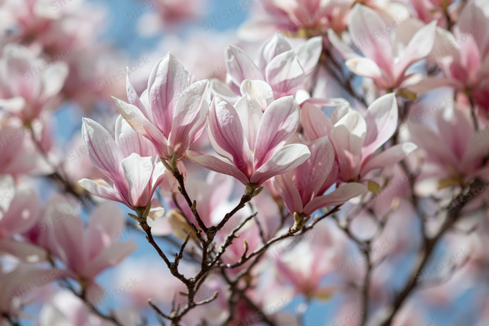 Magnolia tree branches with fully open pink and white blooms against a blue sky in spring