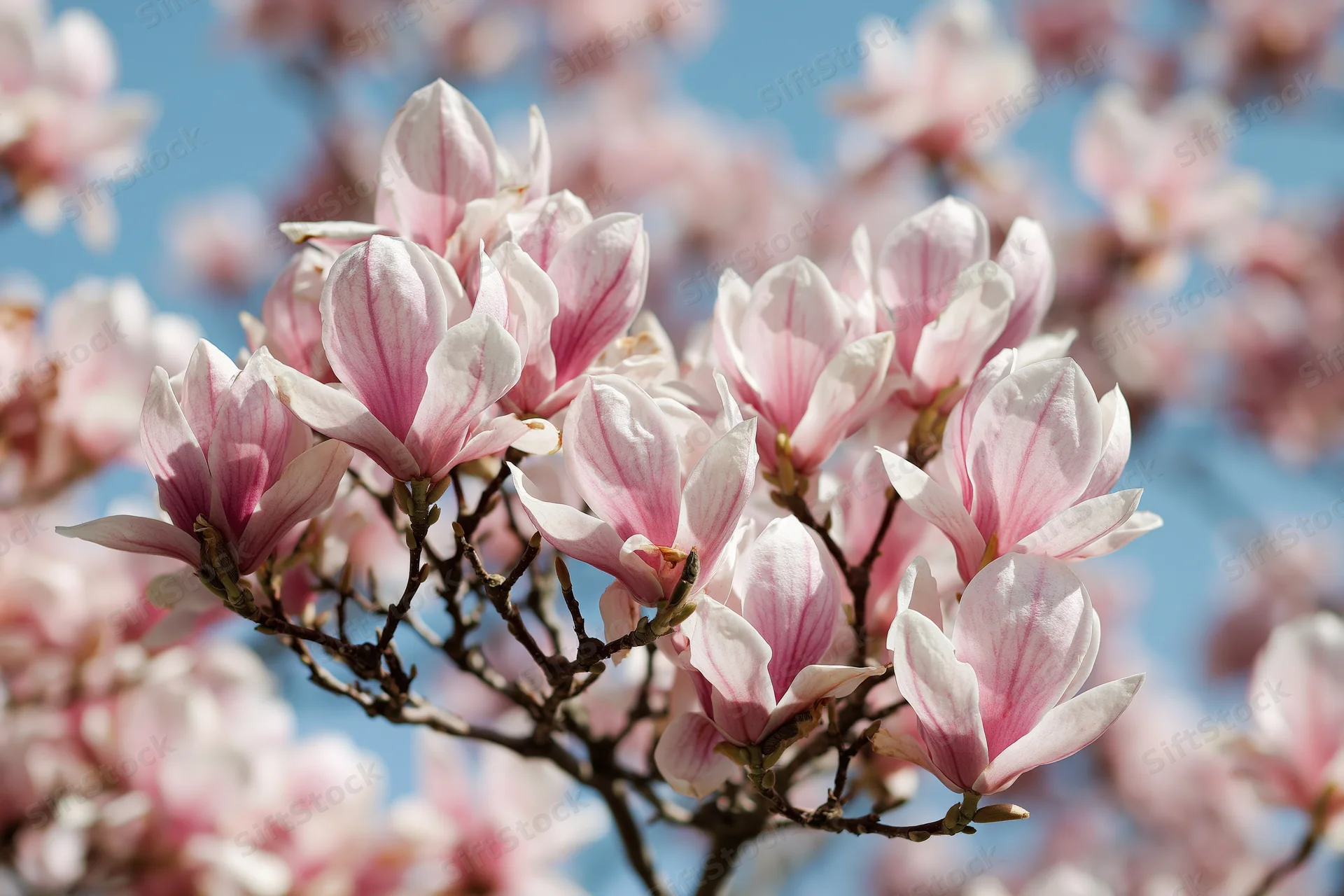 Magnolia blossoms in full bloom on branches against a blue sky