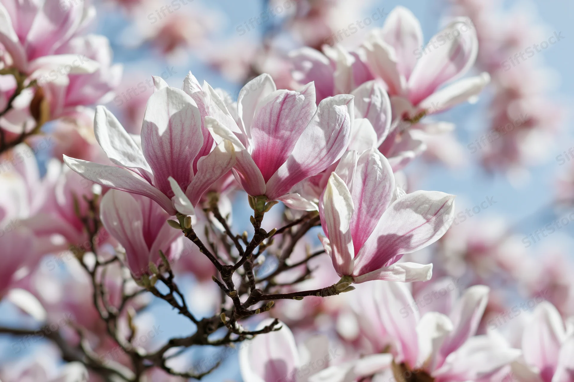 Magnolia tree branches with fully open pink and white blooms against a blue sky in spring
