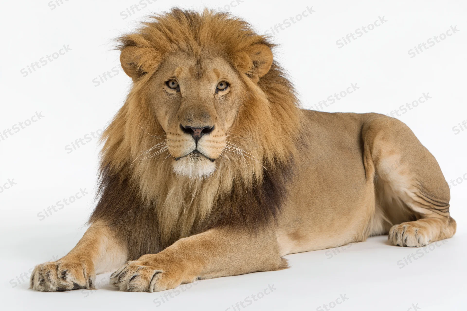 Male lion lying down with front paws extended forward on white background