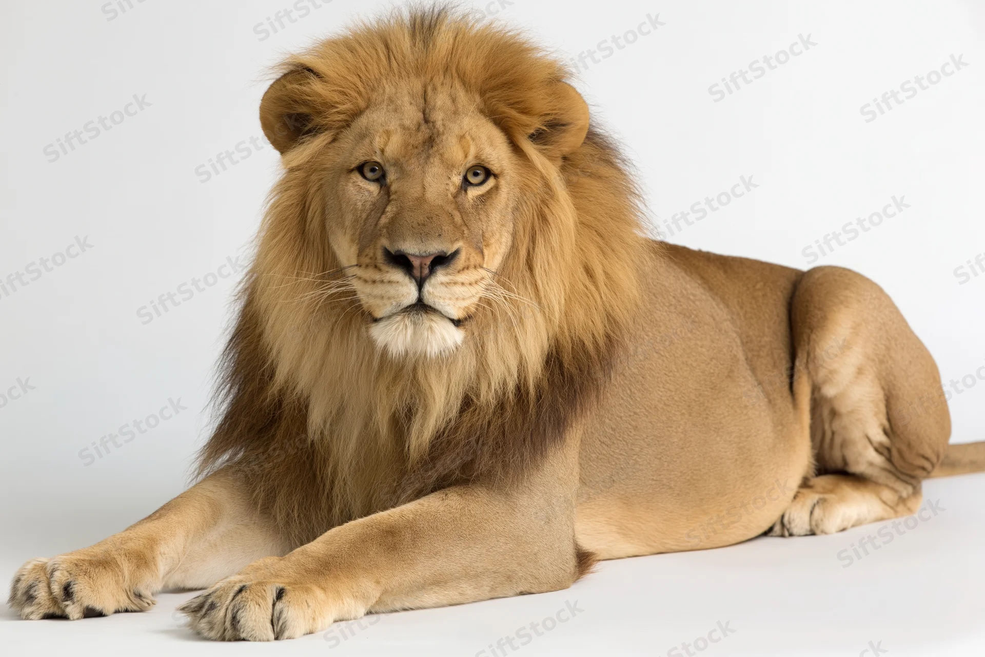 Male lion lying down with front paws extended forward on white background
