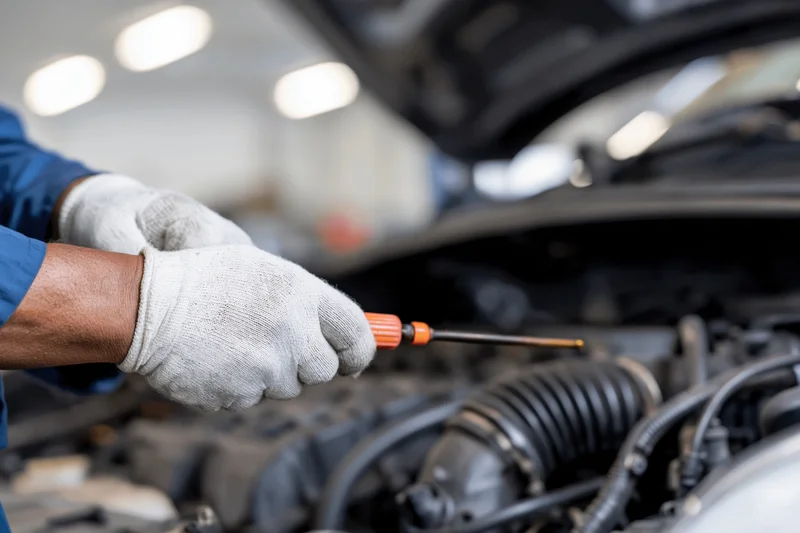 Mechanic checking oil level with dipstick in car engine bay