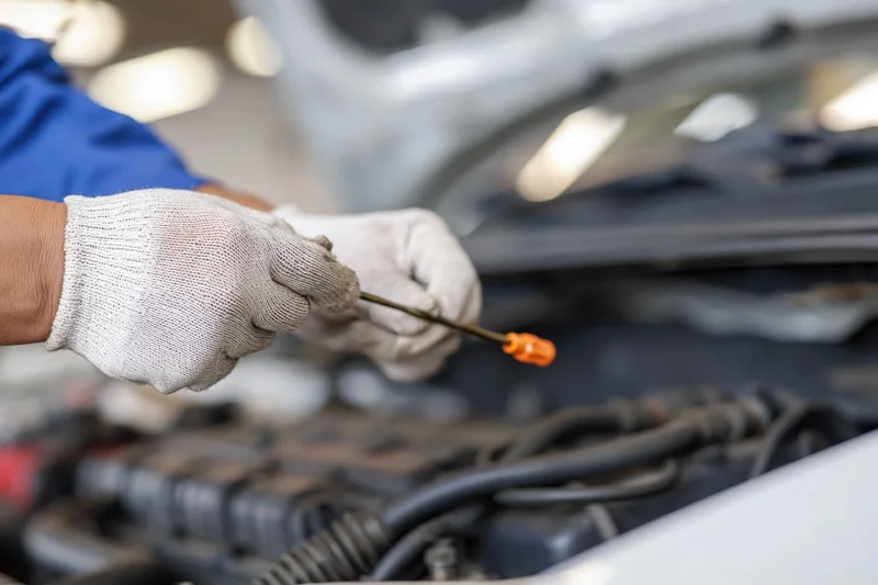 Mechanic's gloved hands holding oil dipstick over car engine in workshop
