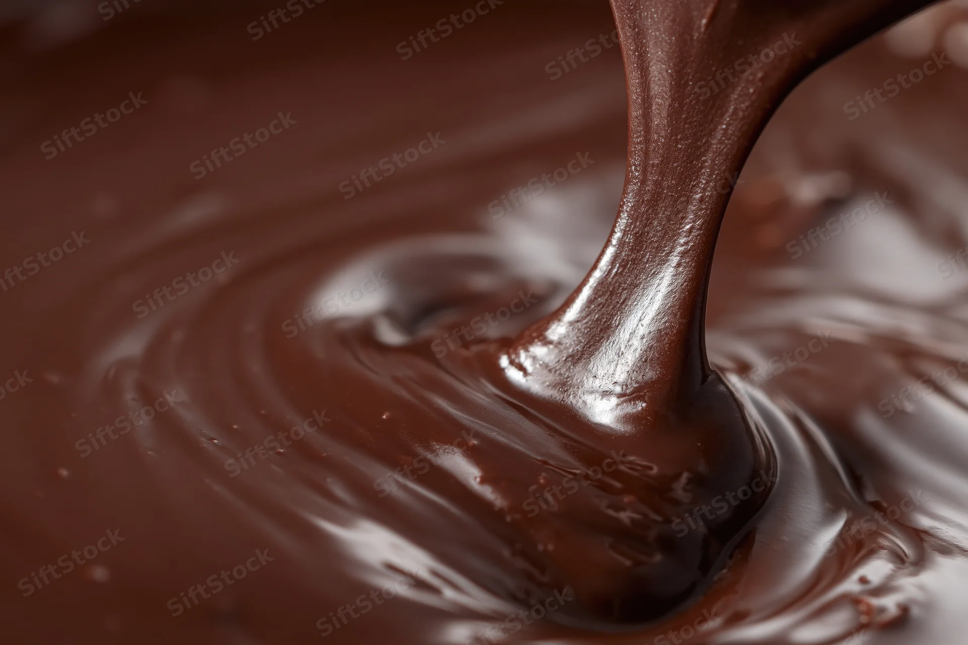 Thick stream of melted dark chocolate pouring onto a smooth surface creating ripples and swirls