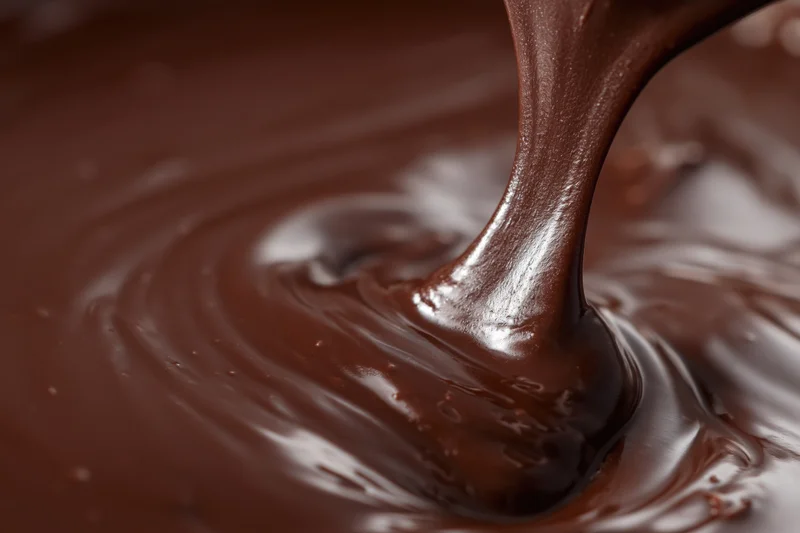 Thick stream of melted dark chocolate pouring onto a smooth surface creating ripples and swirls