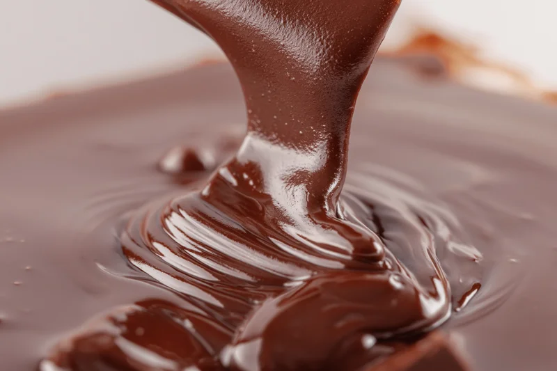 Thick stream of melted dark chocolate pouring onto a smooth surface, creating ripples and swirls