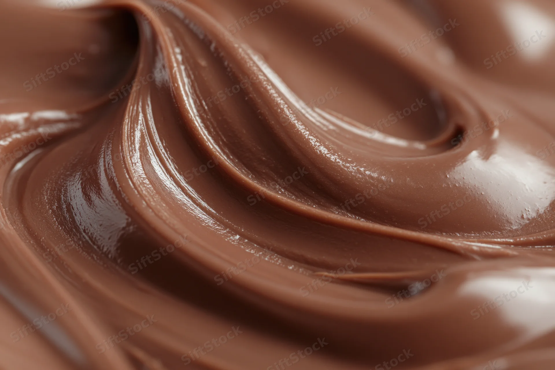 Closeup of melted milk chocolate with swirling glossy texture