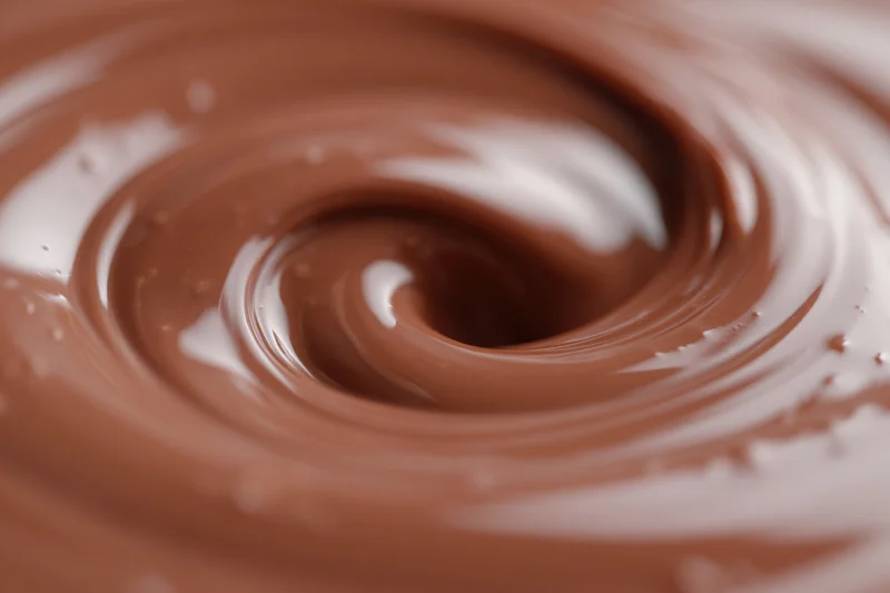 Melted milk chocolate swirling in a slow vortex filling the frame
