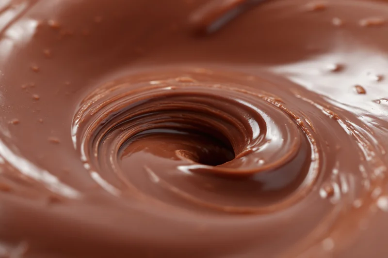 Melted milk chocolate swirling in a slow vortex filling the frame