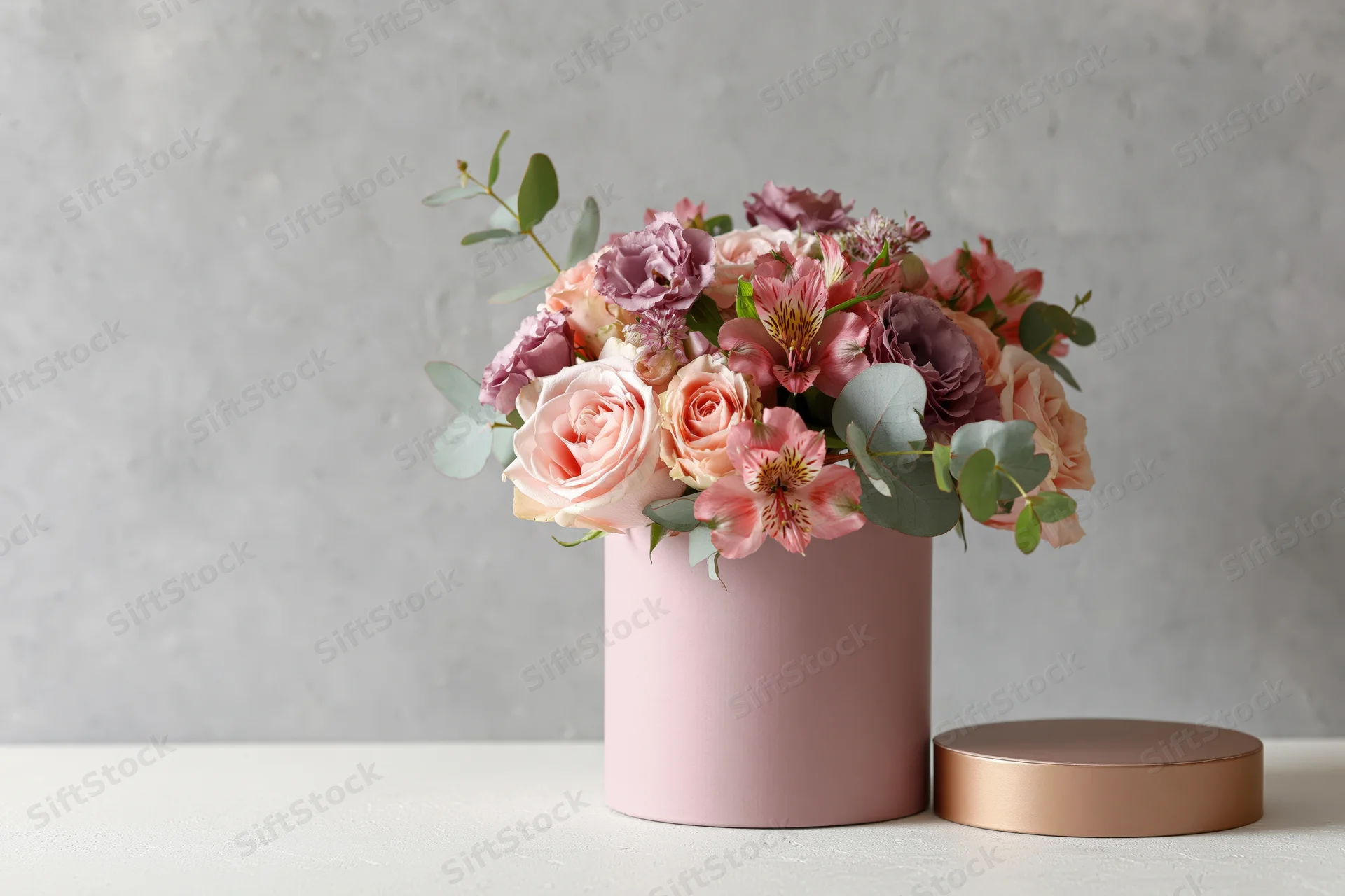 Mixed flower bouquet with roses alstroemeria and eucalyptus in a pink cylindrical box on a white table
