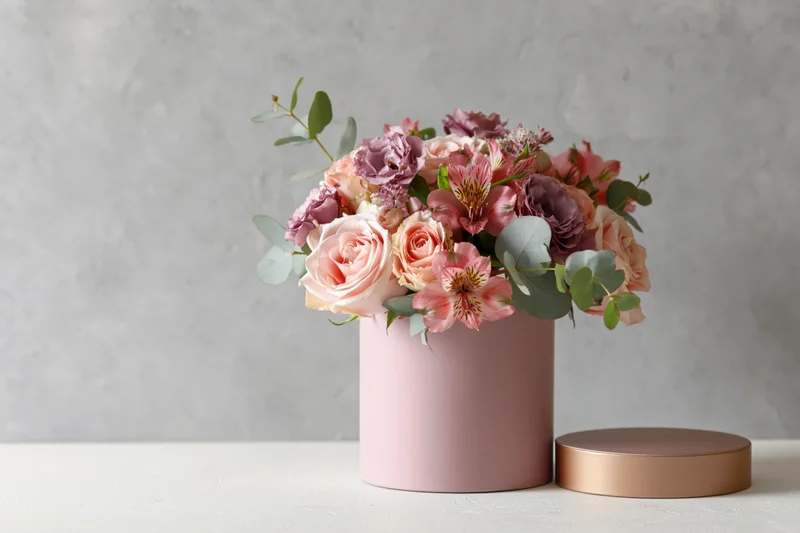 Mixed flower bouquet with roses alstroemeria and eucalyptus in a pink cylindrical box on a white table
