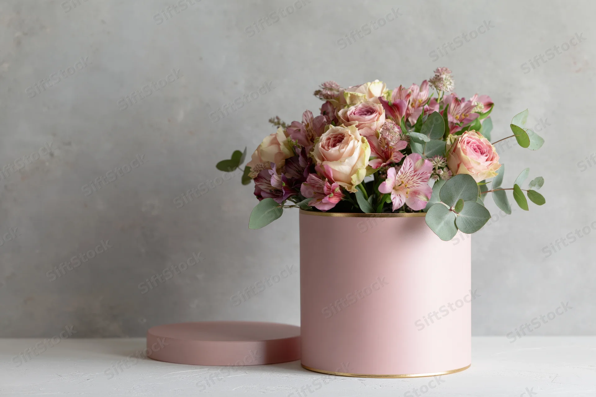 Mixed flower bouquet with roses alstroemeria and eucalyptus in a pink cylindrical box on a white surface